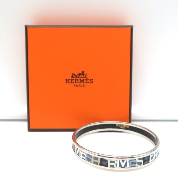 Hermes Jewelry - HERMES CAPITALES ENAMEL NARROW BANGLE BRACELET GRAY/SILVER SIZE MEDIUM